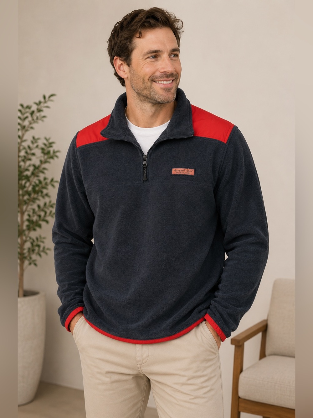 ❤️Vineyard Vines Men’s Dusky Blue & Red Quarter Zip Fleece Pullover Size Medium
